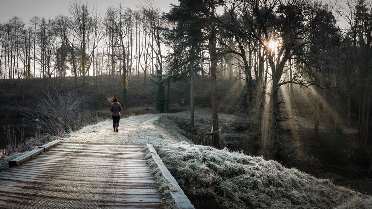 Person walking through frosty landscape